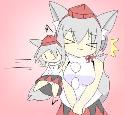 Rule 34 | &gt; &lt;, 1girl, animal ears, bare shoulders, black skirt, bow, breasts, closed eyes, doll, eyes visible through hair, female focus, grey hair, hat, inubashiri momiji, letsuo, medium breasts, motion lines, multicolored clothes, multicolored skirt, own hands together, panties, pink background, red bow, red hat, red skirt, shirt, simple background, skirt, sleeveless, sleeveless shirt, smile, solo, standing, tail, tokin hat, touhou, underwear, upskirt, v arms, white panties, wolf ears, wolf tail
