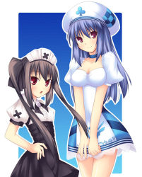 Rule 34 | arin, beret, blouse, blue background, blush, breasts, center frills, cleavage, clothes writing, collared shirt, dress, frilled shirt, frills, from side, gothic lolita, hair between eyes, hand on own hip, hat, kooh, legs together, lolita fashion, outline, outside border, pangya, red eyes, see-through, shimakaze (soundz of bell), shirt, skirt, standing, striped clothes, striped dress, suspender skirt, suspenders, twintails, white hat, white shirt