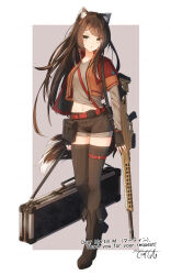 Rule 34 | 1girl, animal ear fluff, animal ears, black footwear, black gloves, black thighhighs, boots, breasts, brown background, brown eyes, brown hair, brown shirt, commentary request, commission, coreytaiyo, fingerless gloves, full body, gloves, gun, highres, jacket, layered sleeves, long hair, long sleeves, medium breasts, navel, open clothes, open jacket, original, parted lips, red jacket, red shorts, shirt, short over long sleeves, short shorts, short sleeves, shorts, skeb commission, solo, tail, thank you, thighhighs, thighhighs under boots, two-tone background, very long hair, weapon, weapon request, white background