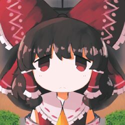 Rule 34 | 1girl, absurdres, ascot, bow, brown hair, closed mouth, collared shirt, commentary, english commentary, frilled bow, frilled hair tubes, frilled shirt collar, frills, frown, hair bow, hair tubes, hakurei reimu, highres, iesonatana, looking at viewer, medium hair, portrait, red bow, red eyes, red shirt, shirt, sleeveless, sleeveless shirt, solo, split mouth, straight-on, textless version, touhou, yellow ascot