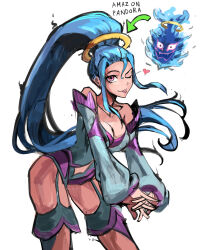Rule 34 | 1girl, absurdres, amazon pandora, armored leotard, blue hair, blush, breasts, cleavage, english text, heart, highres, kid icarus, kid icarus uprising, large breasts, long hair, medium breasts, monster, nintendo, pandora (kid icarus), purple eyes, saiykik, solo, tagme, thick thighs, thighs, tongue, tongue out, wide hips