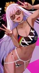 Rule 34 | 1girl, :d, armpits, bare shoulders, bb (fate), bb (swimsuit mooncancer) (second ascension) (fate), bikini, bracelet, breasts, choker, cleavage, collarbone, cowboy shot, dark-skinned female, dark skin, double v, earrings, fangs, fate/grand order, fate (series), fingernails, jewelry, large breasts, long hair, looking at viewer, mismatched bikini, nail polish, navel, open mouth, pink nails, pink ribbon, purple eyes, purple hair, ribbon, salmon88, sharp fingernails, smile, solo, star (symbol), stomach, sunglasses, swimsuit, tan, thighs, tiara, tinted eyewear, tongue, tongue out, v, very long hair