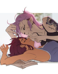 Rule 34 | 2girls, amity blight, arm tattoo, book, brown hair, couple, dark-skinned female, dark skin, kuma20151225, looking at another, luz noceda, lying, multiple girls, on back, on side, pointy ears, poking nose, purple hair, short hair, smile, tank top, tattoo, the owl house, upper body, yellow eyes, yuri
