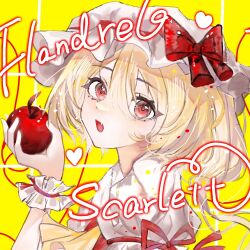 Rule 34 | 1girl, apple, ascot, blonde hair, character name, chinese commentary, commentary request, fang, flandre scarlet, food, fruit, hat, hat ribbon, holding, holding food, holding fruit, medium hair, mob cap, open mouth, portrait, puffy short sleeves, puffy sleeves, apple, red eyes, red ribbon, red vest, ribbon, shirt, short sleeves, skin fang, solo, touhou, vest, white hat, white shirt, wrist cuffs, xrisetopilla, yellow ascot, yellow background