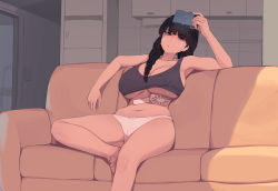 Rule 34 | 1girl, bandaid, bandaid on cheek, bandaid on face, barefoot, black hair, black tank top, bow, bow panties, braid, breasts, cameltoe, cellphone, couch, elder sister (pepper0), electric fan, highres, holding, holding phone, hot, indoors, large breasts, long hair, minifan, on couch, original, panties, pepper0, phone, pillow princess, sitting, smartphone, solo, sweat, tank top, toes, twin braids, underboob, underwear, white panties