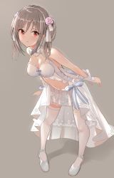 Rule 34 | 1girl, :t, absurdres, arms at sides, bare shoulders, blush, breasts, cleavage, collar, dress, drill hair, floral print, flower, full body, hair flower, hair ornament, hairband, highres, idolmaster, idolmaster cinderella girls, kanzaki ranko, leaning forward, long hair, medium breasts, navel, pjkka, pout, rose, rose print, see-through, silver background, silver hair, skirt, solo, standing, thighhighs, thighs, twin drills, twintails, white dress, white skirt, white thighhighs, wrist cuffs