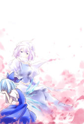 Rule 34 | 2girls, apron, blue eyes, blue hair, blush, bow, breasts, cirno, comforting, dress, hair bow, hat, highres, letty whiterock, light purple hair, medium breasts, multiple girls, perfect cherry blossom, petals, ribbon, scarf, short hair, skirt, smile, tachiuo nikominabe, tears, touhou, white scarf, wings
