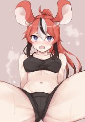 Rule 34 | 1girl, animal ears, black hair, blue eyes, blush, collarbone, hakos baelz, heart, heart-shaped pupils, highres, hirasawa izumi, hololive, hololive english, long hair, mouse ears, multicolored hair, navel, open mouth, ponytail, red hair, short shorts, shorts, solo, sports bra, steaming body, streaked hair, sweat, symbol-shaped pupils, virtual youtuber, white hair