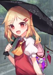Rule 34 | 1girl, :d, ascot, bat wings, blonde hair, blush, brooch, chibi, chisiro unya (unya draw), crystal, fang, flandre scarlet, hair ornament, hat, holding, holding umbrella, jewelry, looking at viewer, mob cap, multiple girls, no headwear, open mouth, outdoors, puffy short sleeves, puffy sleeves, rain, red eyes, red skirt, red vest, remilia scarlet, shirt, short sleeves, siblings, signature, sisters, skirt, skirt set, smile, solo, touhou, umbrella, vest, white shirt, wings