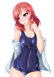 Rule 34 | 10s, 1girl, breasts, collarbone, dress shirt, love live!, love live! school idol project, nishikino maki, old school swimsuit, one-piece swimsuit, open mouth, purple eyes, red hair, school swimsuit, shiny clothes, shirt, short hair, skin tight, solo, standing, swimsuit, yatarou (rapidrabbit)