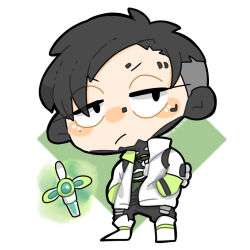Rule 34 | 1boy, animification, apex legends, black eyes, black hair, blush stickers, coat, crypto (apex legends), frown, half-closed eyes, hands in pockets, lab coat, male focus, pants, parted hair, rotten cf, solo, twitter username, undercut, white background, white coat, white footwear