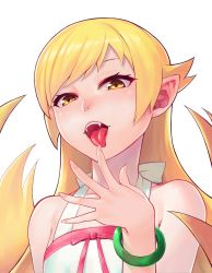 Rule 34 | 1girl, :d, bakemonogatari, bare shoulders, blonde hair, bracelet, child, fangs, gamerag, jewelry, long hair, looking at viewer, monogatari (series), open mouth, oshino shinobu, pointy ears, saliva, simple background, smile, solo, teeth, tongue, tongue out, upper body, white background, yellow eyes