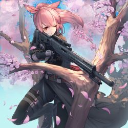 Rule 34 | 1girl, adaptive combat rifle, animal ears, assault rifle, warrior of light (ff14), belt, black bodysuit, black cloak, black gloves, black thighhighs, blue background, bodysuit, boots, cherry blossoms, cloak, closed mouth, earrings, eyes visible through hair, facial mark, final fantasy, final fantasy xiv, gloves, gun, highres, holding, holding gun, holding weapon, itaco, jewelry, long hair, miqo&#039;te, one eye closed, pink hair, ponytail, rabbit ears, red eyes, rifle, scope, sidelocks, slit pupils, solo, squatting, standing, thighhighs, tree, weapon, weapon request