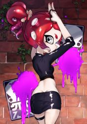 Rule 34 | 1girl, agent 8 (splatoon), amatya, arms up, ass, black skirt, breasts, brick wall, butt crack, cowboy shot, fingernails, grey eyes, hair tie, ivy, legs together, looking at viewer, looking back, miniskirt, nail polish, nintendo, octoling, octoling girl, octoling player character, paint, poster (object), red hair, red nails, short hair, single sleeve, skirt, sleeves past elbows, small breasts, solo, splatoon (series), splatoon 2, splatoon 2: octo expansion, suction cups, tentacle hair, thigh strap, tying hair