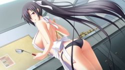 Rule 34 | 1girl, apron, arched back, ass, black hair, black panties, blush, bow, breasts, chopsticks, covered erect nipples, dutch angle, floating hair, game cg, hair between eyes, hair bow, hatozuki tsumiki, high ponytail, holding, holding chopsticks, kashiwagi narumi, kitchen, large breasts, long hair, looking at viewer, nearly naked apron, open mouth, panties, red eyes, shoulder blades, sideboob, solo, soukoku no arterial, standing, underwear, very long hair, white apron, white bow