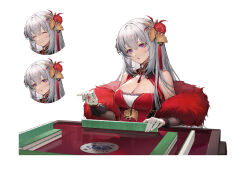 Rule 34 | 1girl, :o, bare shoulders, black sleeves, breasts, china dress, chinese clothes, cleavage, cleavage cutout, closed eyes, clothing cutout, detached sleeves, dress, expressions, feather boa, flower, gloves, grey hair, gui mi, hair flower, hair ornament, highres, holding, holding mahjong tile, large breasts, lian (vtuber), long hair, looking down, mahjong, mahjong table, mahjong tile, official art, purple eyes, red dress, red flower, sidelocks, sixiwanzi, sleeveless, sleeveless dress, smile, solo, table, tassel, upper body, virtual youtuber, white background, white gloves