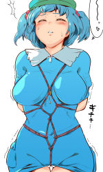 Rule 34 | 1girl, ^^^, arms behind back, bad id, bad pixiv id, bdsm, blue dress, blue hair, blush, bondage, bound, breasts, breasts apart, clenched teeth, closed eyes, commentary request, covered navel, dress, green hat, hair bobbles, hair ornament, hat, hekiga (freelot), kawashiro nitori, large breasts, pocket, rope, shibari, short hair, simple background, solo, teeth, thighs, touhou, twintails, white background