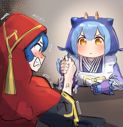 Rule 34 | 2girls, apron, arm wrestling, blue eyes, blue hair, blush, clenched teeth, commentary, dragon girl, dragon horns, duel monster, fingerless gloves, gameplay mechanics, gloves, hatano kiyoshi, highres, hood, hood up, horns, laundry dragonmaid, lo the prayers of the voiceless voice, long hair, multicolored hair, multiple girls, red hood, short hair, sketch, table, teeth, two-tone hair, yellow eyes, yu-gi-oh!