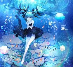 Rule 34 | 1girl, 39, ahoge, air bubble, aqua hair, aqua nails, bad id, bad pixiv id, bare legs, bare shoulders, barefoot, black dress, blue eyes, blue hair, blue theme, blurry, bubble, caustics, coral, covered mouth, covering own mouth, crossed arms, cube, cyawa, dated, dress, fish, flat chest, floating hair, full body, hair between eyes, hair ribbon, hand over own mouth, hatsune miku, highres, long hair, looking at viewer, nail polish, plantar flexion, ribbon, shinkai shoujo (vocaloid), sleeveless, sleeveless dress, solo, submerged, twintails, underwater, very long hair, vocaloid