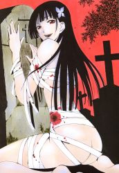 Rule 34 | 10s, 1girl, absurdres, ass, bandages, black hair, blood, breasts, hair ornament, highres, long hair, looking at viewer, nude, open mouth, red eyes, sanka rea, sankarea, seo kouji, solo, tombstone