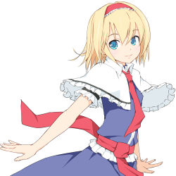 Rule 34 | 1girl, alice margatroid, blonde hair, blue dress, blue hair, capelet, closed mouth, collar, commentary request, cowboy shot, dress, frilled sleeves, frills, hairband, lolita hairband, necktie, red necktie, sash, short sleeves, smile, solo, soukun s, touhou, white background, white capelet