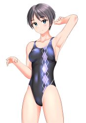 Rule 34 | 1girl, absurdres, argyle, black hair, black one-piece swimsuit, breasts, clothes writing, collarbone, commentary request, covered navel, green eyes, highres, medium breasts, mole, mole under eye, one-piece swimsuit, original, short hair, simple background, solo, standing, swimsuit, takafumi, white background