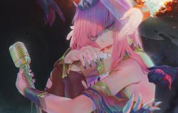 Rule 34 | absurdres, armpits, artofkuzu, black nails, bleeding, blood, breasts, cuts, fire, fire, highres, hololive, hololive english, injury, looking at viewer, mori calliope, nail polish, out of frame, outstretched hand, pink hair, reaching, red eyes, shoulder spikes, sideboob, spikes, takanashi kiara, thighhighs, tiara, torn clothes, veil, virtual youtuber, wristband
