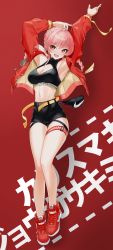 Rule 34 | 1girl, :d, absurdres, armpits, arms up, bare legs, black shorts, bra, breasts, cleavage, cleavage cutout, clothing cutout, earrings, full body, hear (kpmf4732), heart, heart earrings, high-waist shorts, highres, idolmaster, idolmaster cinderella girls, idolmaster cinderella girls starlight stage, jacket, jewelry, jougasaki mika, large breasts, legs, looking at viewer, midriff, navel, nike (company), open clothes, open jacket, open mouth, pink hair, red background, red footwear, red jacket, short hair with long locks, shorts, smile, solo, sports bra, thigh strap, underwear, yellow eyes