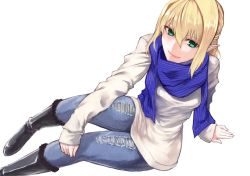 Rule 34 | 1girl, arm support, black footwear, blonde hair, blue scarf, boots, closed mouth, denim, elf, green eyes, hinomoto madoka, long sleeves, looking at viewer, original, pointy ears, scarf, shirt, sidelocks, sitting, smile, solo, white shirt
