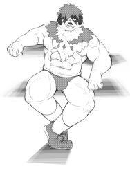 Rule 34 | 1boy, abs, bara, bulge, expressionless, full body, furry, furry male, greyscale, hair over one eye, looking at viewer, male focus, male swimwear, monochrome, muscular, muscular male, navel, neck fur, pectorals, ragi san (ononokomachiimo), shoes, short hair, sitting, sneakers, socks, solo, stomach, strongman waist, swim briefs, thick thighs, thighs, tokyo houkago summoners, topless male