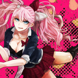 Rule 34 | 10s, 1girl, bad id, bad pixiv id, blue eyes, boots, bow, breasts, cleavage, danganronpa (series), danganronpa: trigger happy havoc, enoshima junko, hair bow, knee boots, large breasts, long hair, mizunonaka2, necktie, pink hair, plaid, plaid skirt, pleated skirt, skirt, sleeves rolled up, solo, tongue