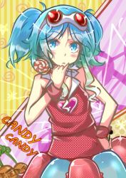 Rule 34 | 1girl, alternate hair color, candy, candy candy (song), food, goggles, goggles on head, gumi, hand on own hip, highres, hua (hua113), lollipop, solo, vocaloid