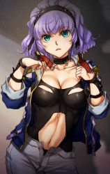Rule 34 | 1girl, aqua centolm, aqua eyes, belt, breasts, chestnut mouth, choker, cleavage, clothing cutout, collarbone, cowboy shot, gradient background, hairband, highres, jacket, long sleeves, looking at viewer, nakamura kanko, navel, navel cutout, open clothes, open fly, open jacket, parted lips, purple hair, short hair, shorts, simple background, sleeves rolled up, solo, standing, stomach, super robot wars, super robot wars mx, unzipped, wrist cuffs