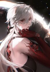 Rule 34 | 1girl, acheron (honkai: star rail), back, black choker, black dress, blood, blood on face, bloody tears, breasts, choker, colored extremities, dress, flower, flower ornament, highres, honkai: star rail, honkai (series), long hair, looking at viewer, official alternate color, official alternate eye color, official alternate hair color, red eyes, red flower, red hands, single bare shoulder, solo, white hair, zhishi yuyuanqiu