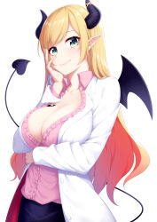 Rule 34 | 1girl, absurdres, bat tattoo, blonde hair, breast tattoo, breasts, cleavage, demon girl, demon horns, demon tail, green eyes, hand on own cheek, hand on own face, highres, hololive, horns, large breasts, long hair, long sleeves, looking at viewer, ochiai miyabi, pointy ears, smile, solo, swept bangs, tail, tattoo, virtual youtuber, wings, yuzuki choco, yuzuki choco (1st costume)