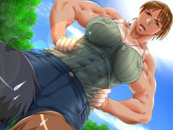 Rule 34 | 1girl, 2boys, breasts, brown eyes, brown hair, covered erect nipples, large breasts, mame, multiple boys, muscular, muscular female, open mouth, plaster, short hair, takahara minako, the guts!, women at work