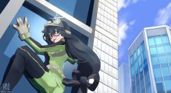 Rule 34 | 10s, 1girl, ass, asui tsuyu, black eyes, black hair, blue sky, bodysuit, boku no hero academia, breasts, building, cloud, day, eyebrows, eyelashes, gloves, goggles, goggles on head, green bodysuit, hair between eyes, hair rings, highres, long hair, long sleeves, long tongue, low-tied long hair, open mouth, outdoors, sky, skyscraper, small breasts, solo, sou (pale 1080), sparkle, straight hair, teeth, tongue, tongue out, twitter username, very long hair, white gloves, window