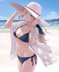 Rule 34 | 1girl, bangle, bare legs, beach, bikini, black bikini, blonde hair, blue eyes, bracelet, breasts, cleavage, closed mouth, collarbone, cowboy shot, day, groin, hat, highres, hornet (kancolle), jewelry, kantai collection, large breasts, long hair, navel, ocean, open clothes, rokuwata tomoe, smile, solo, swimsuit, white hat