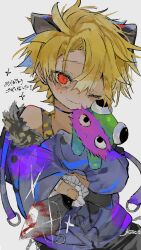 Rule 34 | 1boy, animal ears, bandages, black choker, black ears, blonde hair, camouflage, camouflage shirt, cat ears, choker, commission, earrings, fangs, fur trim, highres, holding, holding knife, indie virtual youtuber, jacket, jewelry, kainen, knife, looking at viewer, male focus, mascot, one eye closed, piyopiyomaru (piyopiyomaru 0), purple jacket, red eyes, shirt, skeb commission, solo, trap, virtual youtuber