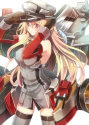 Rule 34 | 10s, 1girl, arms up, bare shoulders, bismarck (kancolle), blonde hair, blue eyes, breasts, brown gloves, cowboy shot, cross, detached sleeves, gloves, grey thighhighs, hat, hat tip, highres, iron cross, kantai collection, large breasts, long hair, machinery, peaked cap, serino itsuki, smile, solo, thighhighs, white background, zettai ryouiki