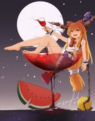 Rule 34 | 1girl, :d, absurdres, alcohol, barefoot, belt, blonde hair, blush, bow, brown horns, chain, commentary, cup, dated, drinking glass, english commentary, fang, feet, flat chest, food, fruit, full body, grey background, hair bow, highres, horn bow, horn ornament, horns, ibuki suika, in container, in cup, legs, long hair, looking at viewer, medium bangs, name connection, object namesake, open mouth, orb, purple bow, purple skirt, red bow, red wine, shirt, signature, skirt, sleeveless, sleeveless shirt, smile, soles, solo, sourfish, tetrahedron, touhou, very long hair, watermelon, watermelon slice, white shirt, wine, wine glass, wrist cuffs, yellow eyes