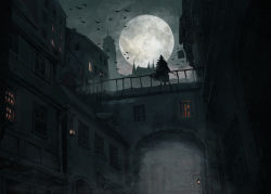 Rule 34 | 1girl, arch, bird, bloodborne, building, cagefreepotato, cloak, clock, clock tower, eileen the crow, facing away, flying, fog, full moon, handrail, hat, highres, holding, holding sword, holding weapon, lamppost, lantern, moon, night, night sky, outdoors, scenery, short sword, sky, solo, spire, standing, sword, tower, town, twitter username, weapon, wide shot, window