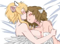 Rule 34 | 2girls, animal ears, bernice flay (sylvies bar), bird ears, blonde hair, breasts, brown hair, closed eyes, commentary, cow ears, cow girl, cuddling, english commentary, feathers, grace attler (sylvies bar), harpy, large breasts, long hair, marbelous22, medium hair, monster girl, multiple girls, nipples, nude, open mouth, original, second-party source, sleeping, small breasts, white feathers, white wings, winged arms, wings, yuri