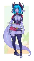 Rule 34 | 1girl, blue hair, blush, boots, breasts, closed mouth, colored skin, cross, cross necklace, crotch zipper, curled horns, full body, green eyes, highres, horns, jewelry, large breasts, large tail, looking at viewer, medium hair, micro shorts, monster girl, necklace, original, pigeon-toed, purple footwear, purple skin, roxxxan, short sleeves, shorts, smile, solo, tail, thigh boots, thigh strap, zipper