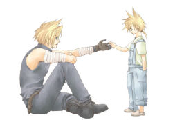 Rule 34 | 00s, 2000s, 2boys, aged down, bandaged arm, bandages, belt, blonde hair, blue eyes, blue pants, blue shirt, boots, cloud strife, final fantasy, final fantasy vii, gloves, hand in pocket, holding hands, low ponytail, lowres, multiple boys, overalls, pants, parted lips, reaching, reaching towards viewer, rendezvous, shirt, sitting, sleeveless, sleeveless turtleneck, slip-on shoes, spiked hair, square enix, t-shirt, turtleneck, white background