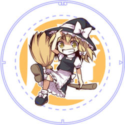 Rule 34 | 1girl, apron, blonde hair, bow, broom, broom riding, dress, female focus, hair bow, hat, hat bow, kirisame marisa, lowres, sidesaddle, smile, solo, touhou, urara (ckt), white background, witch, witch hat, yellow eyes