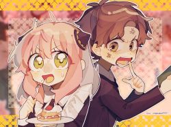 Rule 34 | 1boy, 1girl, anger vein, anya (spy x family), apron, brown eyes, brown hair, cake, damian desmond, finger to mouth, food, food on face, fork, green eyes, hairpods, highres, holding, holding fork, jacket, long sleeves, maid, maid apron, maid headdress, open mouth, parted bangs, pink hair, spy x family, strawberry shortcake, suit jacket, yingwdcp999