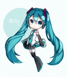 Rule 34 | 1girl, aqua eyes, aqua hair, character name, chibi, detached sleeves, hatsune miku, hatsune miku (vocaloid3), headset, long hair, necktie, nou (nounknown), skirt, smile, solo, striped, striped background, thighhighs, twintails, very long hair, vocaloid