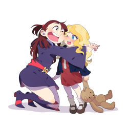 Rule 34 | 10s, 2girls, blonde hair, blue eyes, boots, brown hair, cheek-to-cheek, child, diana cavendish, dress, following, hat, heads together, hug, kagari atsuko, little witch academia, long hair, luo., multiple girls, open mouth, shoes, simple background, staff, star (symbol), stuffed animal, stuffed toy, teddy bear, white background, witch, witch hat, yuri