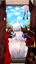 Rule 34 | 5girls, absurdres, akagi-chan (azur lane), akagi (azur lane), amagi-chan (azur lane), amagi (azur lane), animal ears, azur lane, bell, blue sky, brown hair, cloud, cloudy sky, commentary request, eyeshadow, fence, fox ears, fox girl, fox tail, from behind, hair between eyes, hair ornament, highres, japanese clothes, kaga (azur lane), kimono, kitsune, kyuubi, lampion, long hair, looking at another, looking away, makeup, multiple girls, multiple tails, name connection, off shoulder, red eyes, samip, short hair, sidelocks, sitting, sky, tail, tree, twintails, white hair, wide sleeves, wooden fence, wooden floor